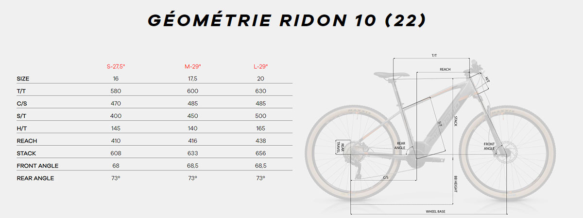 Guide de taille du vélo Ridon 10 Année 2022